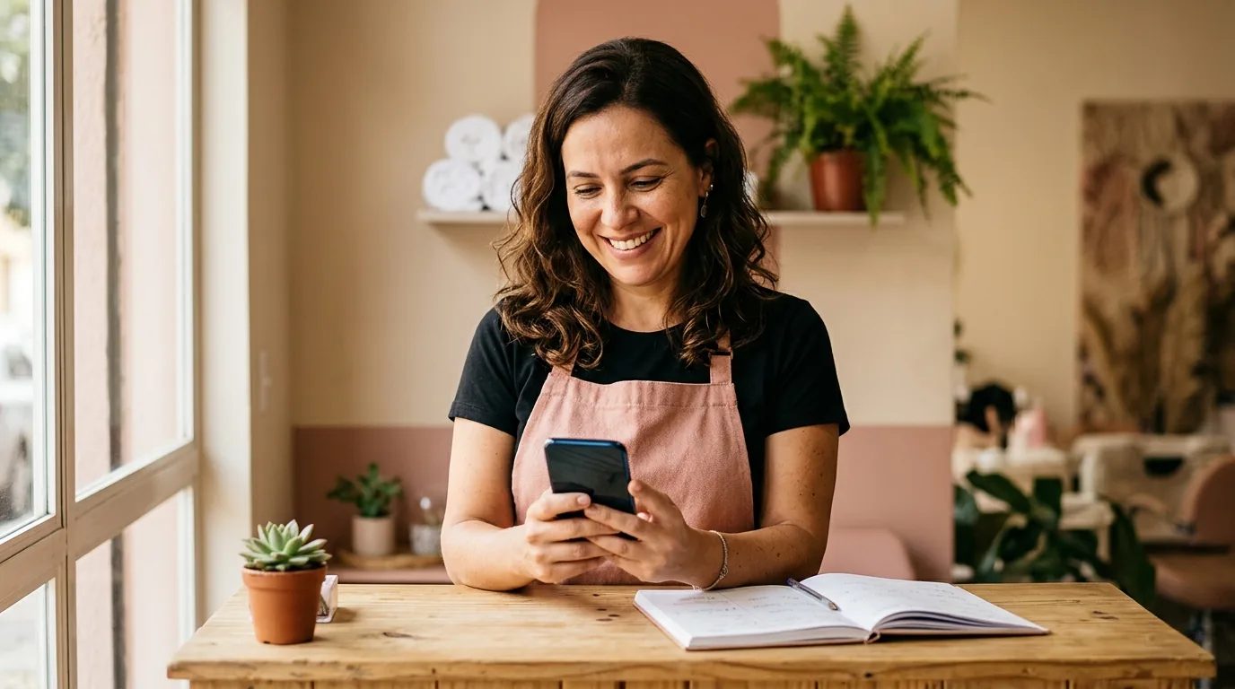 Dona de salão sorrindo ao ver no celular que a IA agendou uma cliente sozinha