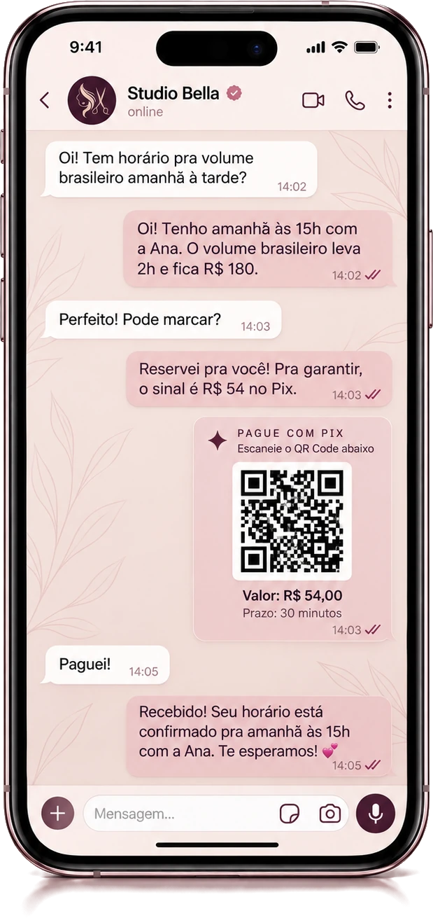 Conversa no WhatsApp com o Studio Bella: a cliente pergunta se tem horário para volume brasileiro amanhã à tarde; a atendente responde que tem às 15h com a Ana, que leva 2h e custa R$ 180; a cliente pede para marcar; a atendente reserva o horário e manda o QR Code do Pix, sinal de R$ 54 com prazo de 30 minutos; a cliente avisa que pagou e recebe a confirmação para amanhã às 15h com a Ana.